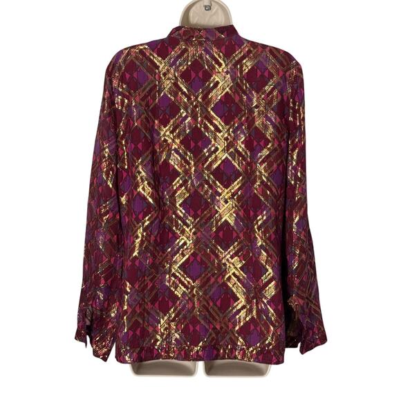 Tory Burch Lame Plaid Chiffon Silk Tunic Top Pink Hastings Size 8 - Picture 4 of 10